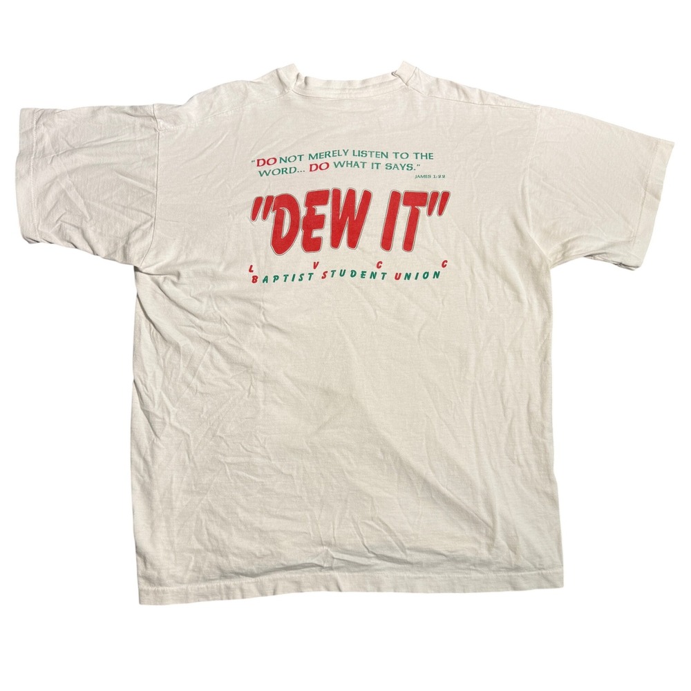 Vintage Jesus Baptist Dew It Mountain Dew Parody T-Shirt Off-White XL